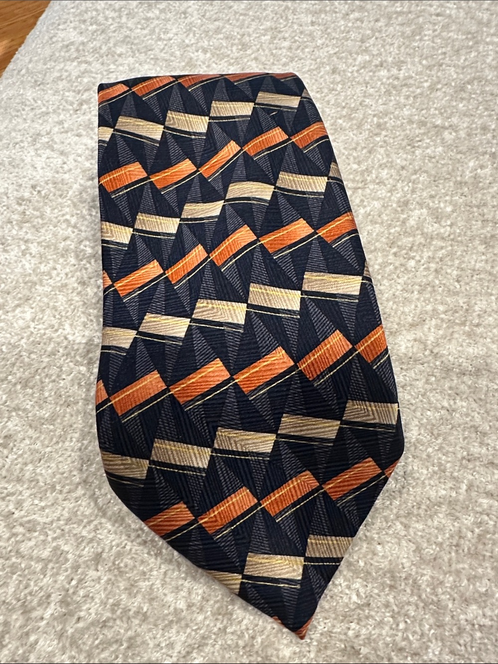 VON FURSTENBERG Geometric Pattern Tie in Navy, Orange & Cream